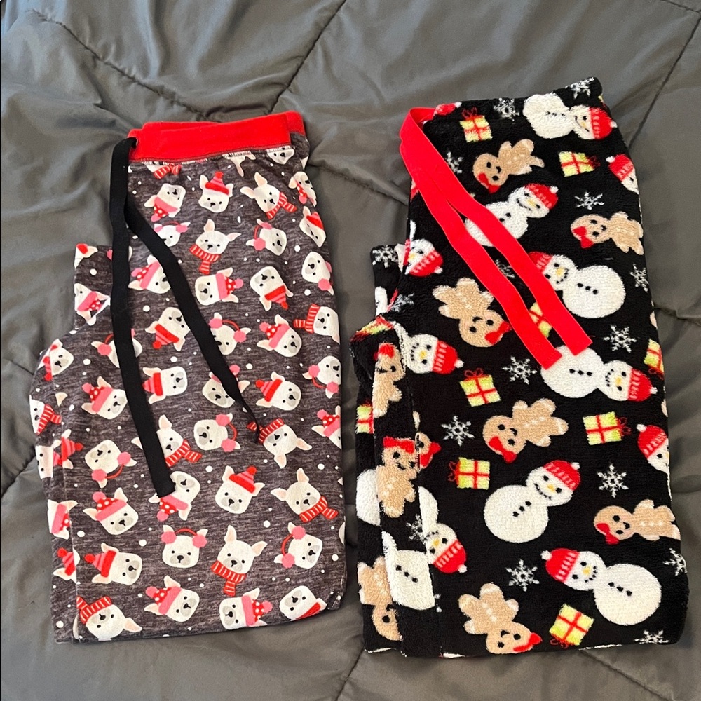 Set of 2 fleece pajama pants - fun snow, holiday, and dog patterned